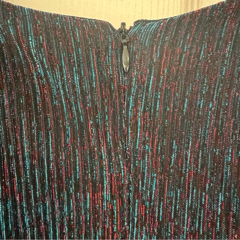 Skies Are Blue Runched Sheer Long Sleeve Black Teal Metallic Midi Dress - Picture 9 of 13